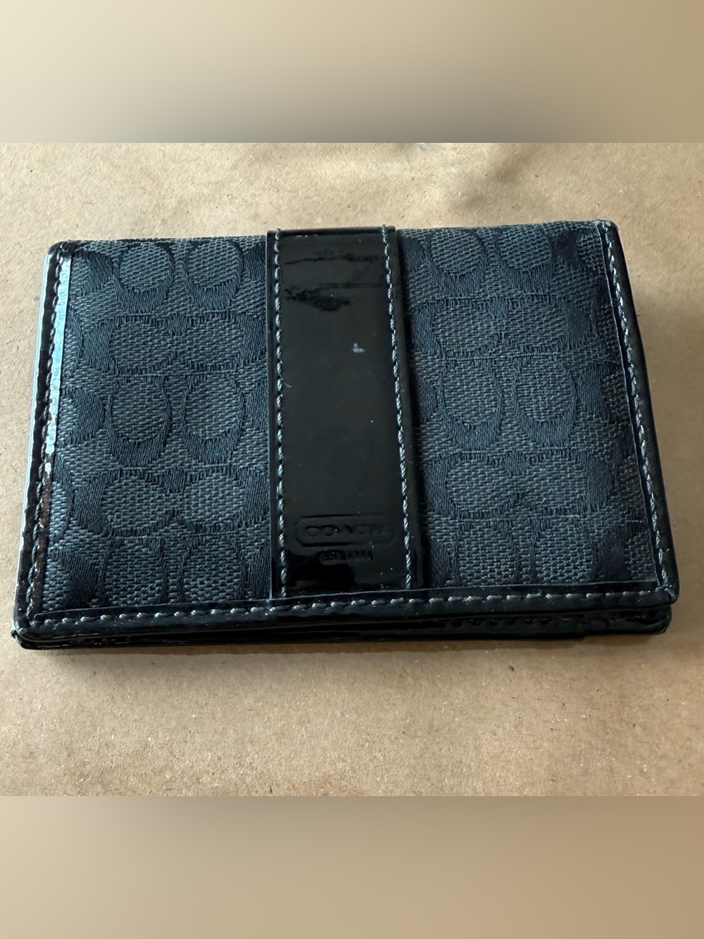 COACH Black Signature Canvas Men's Card Case with Patent Trim